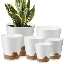 YNNICO Indoor Self Watering Planters with Drainage Holes and Saucers, 8, 7, 6.5, 6, 5.5, 5 Inches, Green, 6 Pots