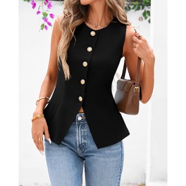 BTFBM Summer Sleeveless Blazer Vest For Women Dressy Button Down Round Neck Business Casual Outfits Work Suit Vests Tops(Black, Small)