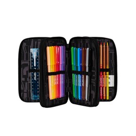 Invicta Schulmäppchen mit 3 Reißverschlüssen, Fantasy, blau und schwarz, dreifach Fach komplett mit Stiften, Bleistiften und Markern, Zubehör für die Schule, Rucksackzubehör, Grundschule, Kinder,