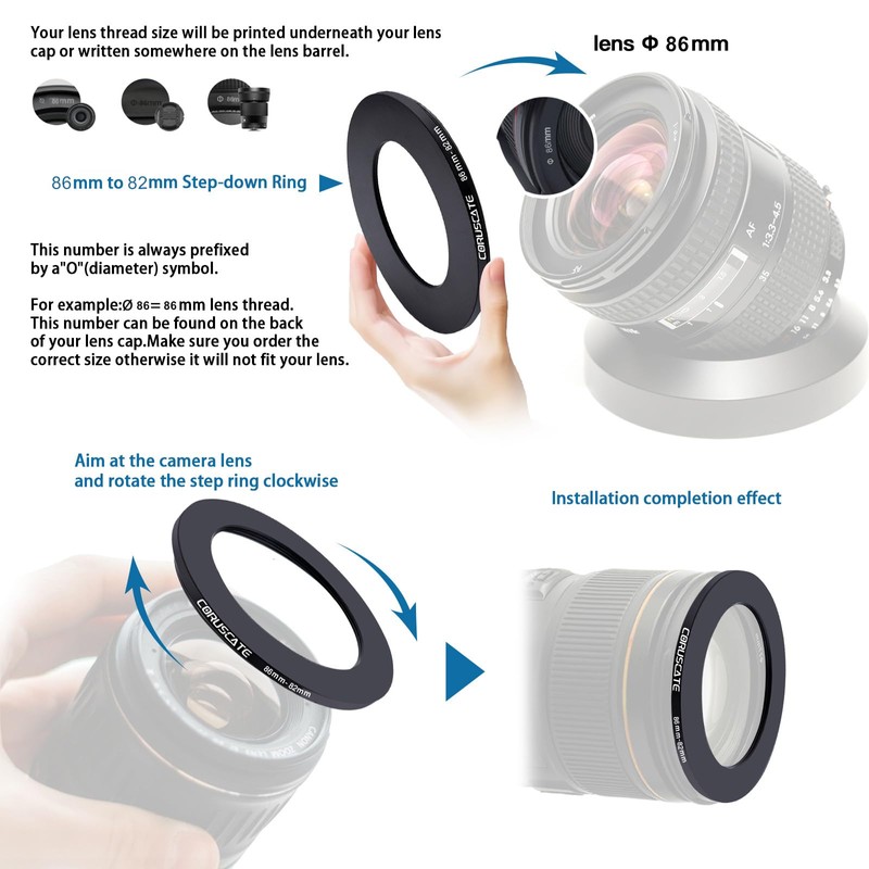 86 mm to 82 mm Lens Adapter Ring, Step-Down Ring