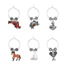 UPware Maryland Wine Charms, Zinc Alloy Wine Glass Tags for Stem Glasses, Drink Markers Identifiers for Parties, Tastings, and Entertaining, Multicolor, Set of 6