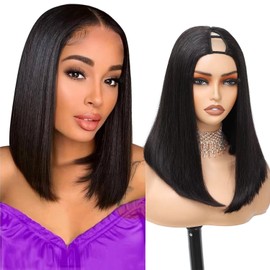 Atikual V Part Wig Human Hair Bob Wig 12inch Brazilian Remy Hair Short Bob Human Hair Glueless Wig Upart Bob Wigs For Black Women Upgrade U Part Wig No Sew in No Glue Natural Black Color