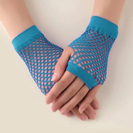 HD Novelty Fingerless Fishnet Gloves Diva Women Black 80s Retro Vintage Nylon Stretchy Mesh Gloves for Kids Girls Dance Disco Costume Parties Supplies Accessories (Turquoise)