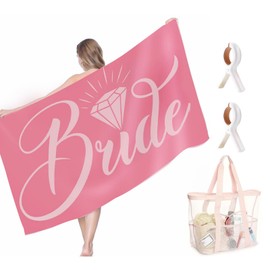 Bride Beach Honeymoon Gift Pink Mesh Bag and Beach Towel with Windproof Clips Microfiber Oversized Lightweight Bride Beach Towel Large Beach Mesh Tote Bag for Pool Bachelorette Party