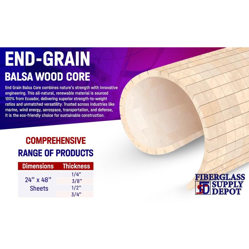 Fiberglass Supply Depot End Grain Balsa Core ¾” Thick 2’x4’