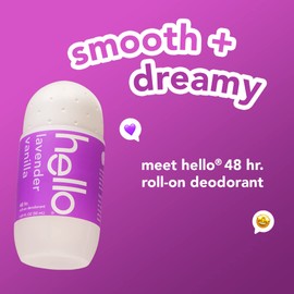 Hello Lavender Vanilla Roll On Deodorant, Aluminum Free for Women + Men, 48 Hour Non-Sticky Formula, Dries Quick, No White Residue, Travel Size, 2 Pack, 1.69 oz Tubes