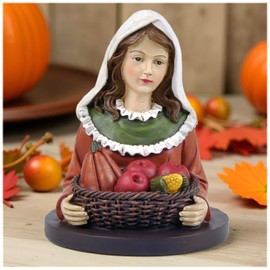 DurableDelights Thanksgiving Girl w Basket on Base – 4.13" Resin Fall Harvest Bust Figurine – Autumn Tabletop Decoration for Home, Shelf, or Tiered Tray Display