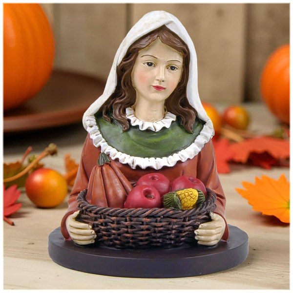 DurableDelights Thanksgiving Girl w Basket on Base – 4.13" Resin