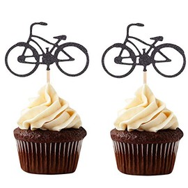 24 adornos para magdalenas con purpurina negra para ciclismo, deportes, decoración de niños, cumpleaños y aperitivos