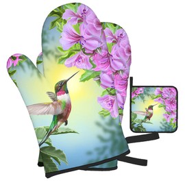 Mxocom Hummingbird Oven Mitts and Pot Holders Sets of 3 Floral Leaf Botanical Plant Bird Nature Animal Beak Blossom Plant BBQ Gloves for Kitchen,Cooking,Baking,Grilling Resistant Hot Pads for Women