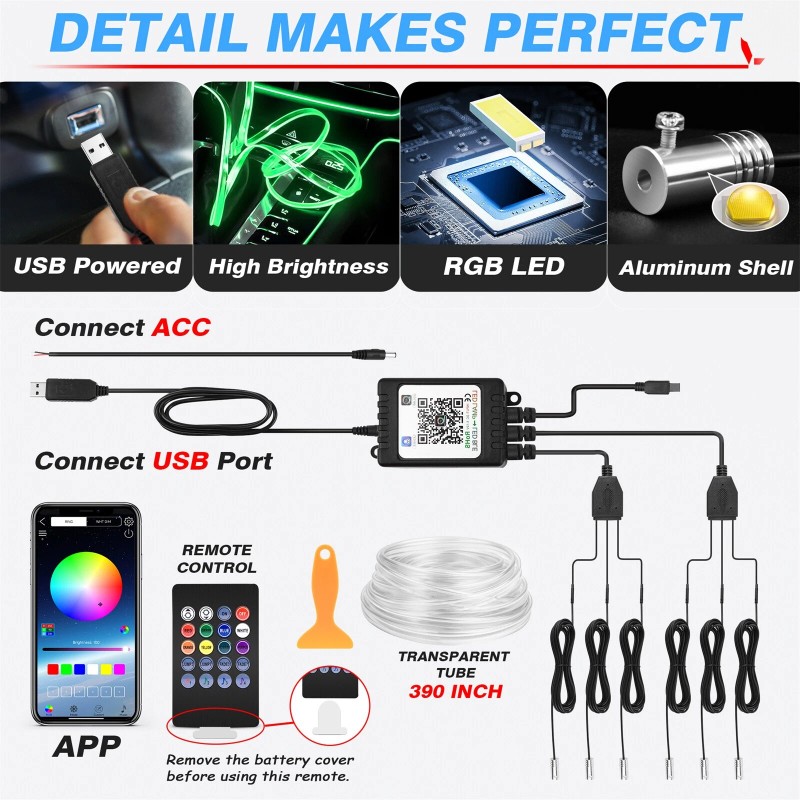 MICTUNING 10M Car RGB LED Strip Lights - 6 in