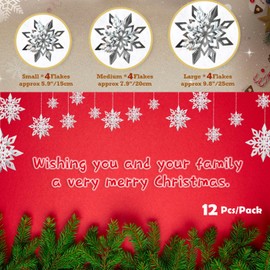 3D Pink Snowflake Hanging,12Pcs Christmas Snowflake Hanging with String for Winter Decorations,3 Size Glittery Foil Snowflake Pendant for New Year Birthday Party Wedding Holiday Home Supplies