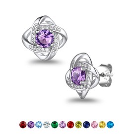 Suplight 925 Sterling Silver February Birthstone Earrings Amethyst CZ Gemstone Earring Womens Cute Love Knot Stud Earings Valentines Jewellery for Women Teen Girls