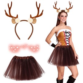 Herbst Women's 3 Deer Costume, Carnival Costume with Deer Antlers Headband, Temporary Tattoo, Brown Tulle Skirt, Reindeer Costume, Adult Fancy Dress Costume, Women's Deer for Christmas, Carnival,