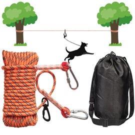 AOTECC Dog Tie Out Cable for Camping - 50Ft Reflective Overhead Trolley System Runner Cable for Dogs up to 300lbs, Dog Lead for Yard, Camping, Parks, Outdoor Events，5 min Set-up（Orange）