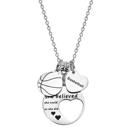 Football Necklace for Women, Trendy Stainless Steel Silver Basketball/Football Pendant Necklaces She Believed Charms Necklaces for Teen Girls Jewelry Gifts (MC-N23-basketball)