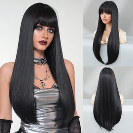 TRUMOST Black Wig with Bangs for Women 28 Inch Long Straight Natural Black Synthetic Wig Heat Resistant Fiber Hair Wig for Daily Party Cosplay Use
