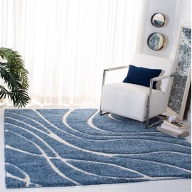 Safavieh Florida Shag Collection SG471 Abstract Wave 1.2-inch Thick Area Rug, 6'7" x 6'7" Square, Light Blue / Cream