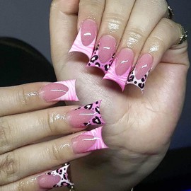 Duckbill French Tip Press on Nails Medium Long Nails Press ons Duck Shape Fake Nails Purple Lines Leopard Designs Shiny Press ons Glossy False Nails Artificial Stick on Nails for Women Manicure 24Pcs