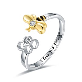 925SterlingSilver Honeycomb Bumble Bee Ring Dainty Cubic Zirconia Adjustable Open Gold Honey Bee Rings CZ Cute Animal Lucky Pinky Toe Knuckle Thumb Ring Engraved I Love You Forever Bumblebee