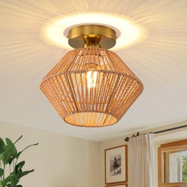 Boho Ceiling Light Fixture, Coastal Handmade Woven Light Fixtures Ceiling Mount with E26 Base, 9.84" Brown Rattan Semi Flush Mount Ceiling Light for Nursery Kitchen Bedroom Living Room Hallway Laundry