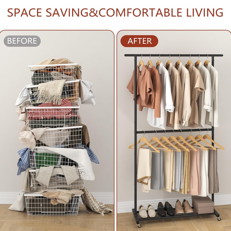 Sywhitta Double Rod Clothing Garment Rack, Rolling Coat Hanger with