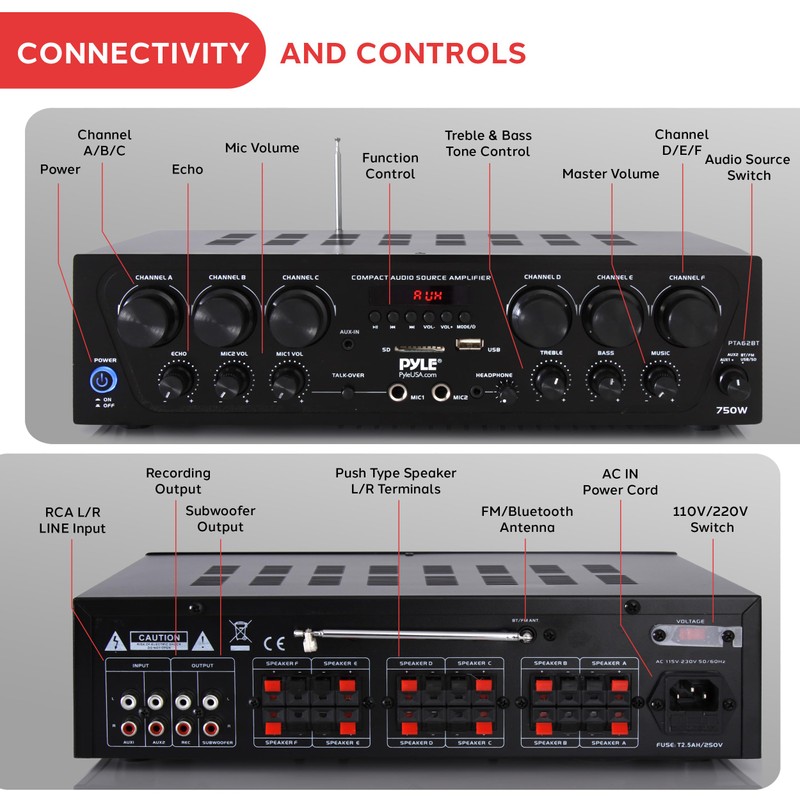 Pyle Wireless Bluetooth Home Audio Amplifier System-Upgraded 6 Channel 750