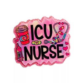 Magnet - ICU Nurse Refrigerator Fridge Decoration, Pink Glitter 1.75” RN Nursing