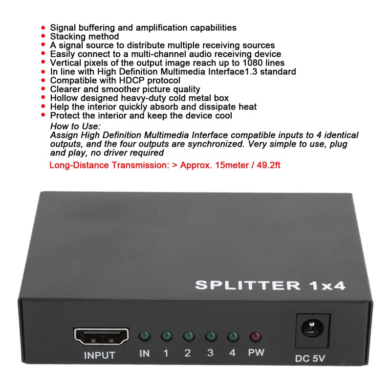 High Definition Multimedia Interface Splitter 3D 1080P 1‑in‑4‑out Amplifier