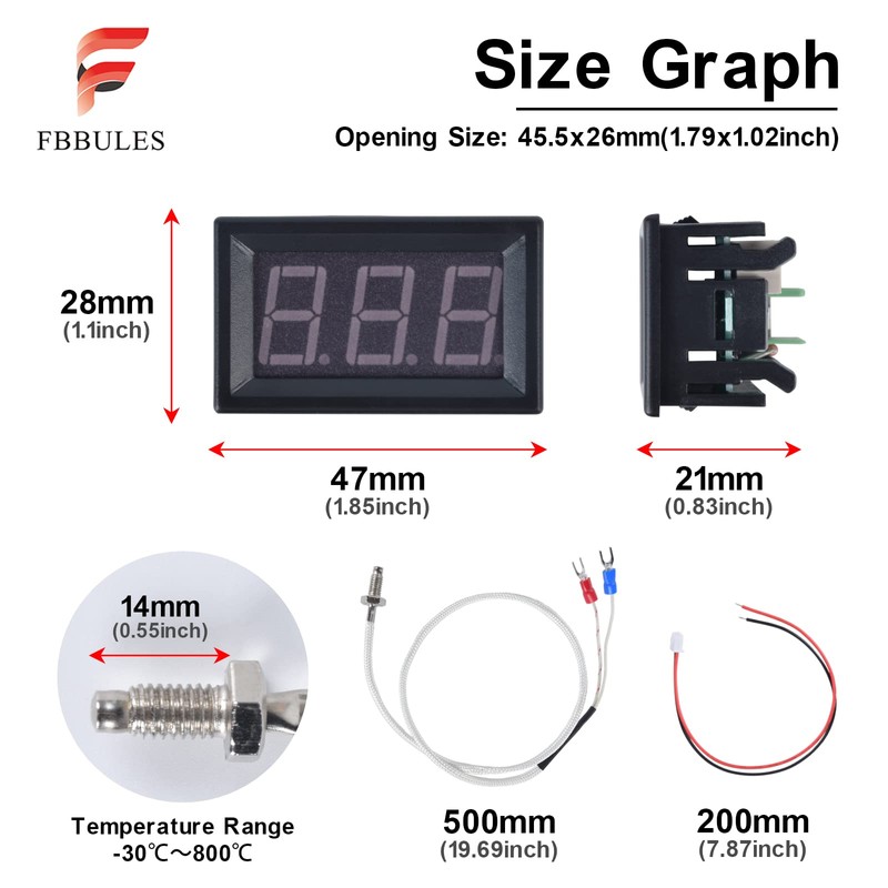 FBBULES LED Digital Thermometer with K-Type Thermocouple Probe, Waterproof, -30-800