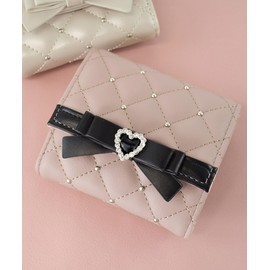 SecretDoor Women's Tri-Fold Wallet Mini Wallet Small Card Box Coin Bill Insert Pearl Quilted Bijoux Ribbon Heart, pink black