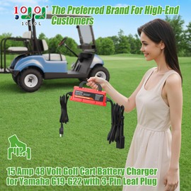 10L0L 15 Amp 48 Volt Golf Cart Battery Charger for Yamaha G19/G22 (1996-2002/2003-2007) Carts 16 FT Cord with Trickle Charge, IP67 Waterproof 3-pin Plug for Lead-Acid Battery (Red)