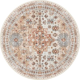 zesthome Washable Round Area Rugs - Non-Slip 6ft Round Rugs, Ultra-Thin Large Circle Rugs for Living Room, Soft Low Pile Rug for Bedroom, Kitchen, Nursery - Vintage Stain Resistant Round Rug