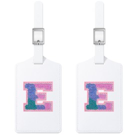 Sodsay 2 PCS Initial Luggage Tag, Luggage Tags for Suitcases Cute Sequin Letter PU Leather Travel Bag Baggage Tags Privacy Cover ID Label for Women Kids Teens Men(E, White Leather+Colorful Letter)