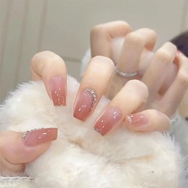 XUZOO 24 Nail Tips, 3D Shape, 3D Nails, Short, Long, Cute, Stylish, Popular, Nail Tip, Nail Seal, False Nail Tool, Double Sided Tape Included (Diamonds Included)