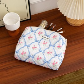 Makeup Bag Cute Cosmetic Bag Floral Large Capacity Quilted Pouch Travel Cotton Toiletry Bags for Women Girls Soft Accessories Organizer Case,Bowknot Blue