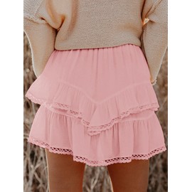 Aoudery Flowy Shorts for Women Casual Boho Ruffle Tiered Skorts High Waist Mini Skirts Golf Tennis Butterfly Crochet Shorts - All Pink XXL