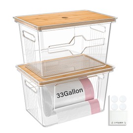 LIVSGREE Trash Bag Dispenser, 2 Pack Extra Large Garbage Bag Holder Dispensers with Bamboo Top, Plastic Stackable Trashbag Dispenser Under Sink for Cabinet Kitchen Pantry Laundry Organizer (33Gal)