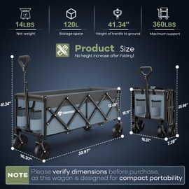 Hikemoon 34'' Extra Long Collapsible Wagons Carts Foldable, 360LBS Heavy Duty Folding Beach Wagon with Wheels, Portable Utility Outdoor Cart for Grocery, Garden, Sports, Camping, Blue & Grey