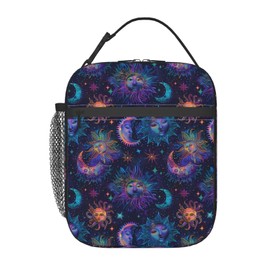 ainori Reusable Celestial Sun and Moon Lunch Box for Kids Girls Boys Women Adult, Insulated Cosmic Star Lunch Bag,Polyester Cooler Handbags Case for School Picnic Work Travel Beach or Hiking