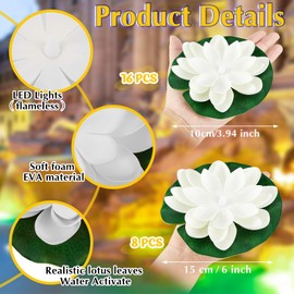 24 Luces Flotantes Linternas de Loto Flores Flotantes Artificiales Realistas para Piscina con Luces LED Linterna de Agua de Nenúfar con Pilas (Blanco, 3.94 Pulgadas, 5.91 Pulgadas)
