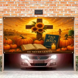 BlissYard Fall Garage Door Cover 13x6Ft Christian Fall For Jesus Garage Decor Thanksgiving Decorations for Home Pumpkin Barn Door Banner Autumn Outdoor Porch Decoration Religious Garage Door Decor