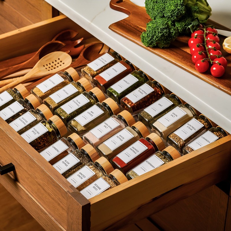 Set of 24 Glass Spice Jars with Various Labels, Bamboo