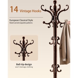 ZIECUKU Wooden Coat Rack Freestanding, Solid Wood Coat Rack Stand with 14 Hooks, Vintage Heavy Duty Standing Coat, Sturdy Jacket Hanger Tree Stand for Corner, Office, Entryway