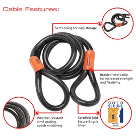Burg Wachter 122C Double Loop Vinyl Coated Multi-Stranded Braided Steel Cable, Black, 12mm x 2.1m