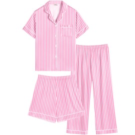 SWOMOG Girl's Silk Pyjamas Kids Boys Satin Pyjamas Set 3 Piece Button-Down PJS Sets Lounge Sets Short Sleeve Summer Nightwear