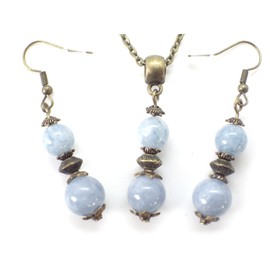 Bronze necklace and earrings set with blue quartz beads and Tibetan beads pendant