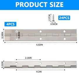 YTOOK 12 Inch Piano Hinge, 4Pcs Stainless Steel Continuous Piano Hinges with Holes, Heavy Duty Polished Stainless Piano Hinges for Boats Cabinets Storage Box, 24pcs Screw Included