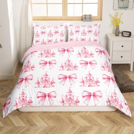 feelingyou Pink Bowknot Kids Duvet Cover Set Single Size,Castle Tale Princess Bedding Set,Girls Women Room Decor,Bow Tie Butterfly Knot Girlish Romantic Fashion Quilt Cover,1 Pillowcase(No Comforter)