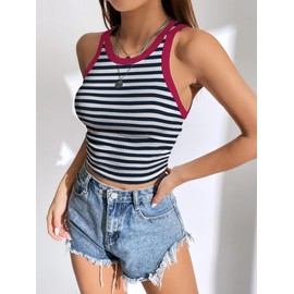 Womens 2024 Summer Ribbed Tank Tops High Neck Sleeveless Crop Top Color Block Casual Cropped Tees Cute Stripe Y2k Shirts